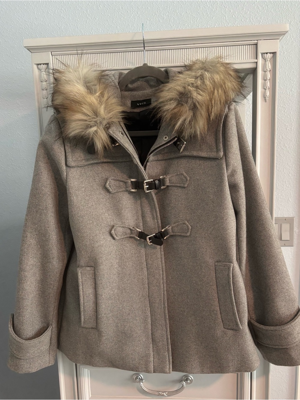 Vici Gray Toggle Pea Coat with Faux Fur Hood